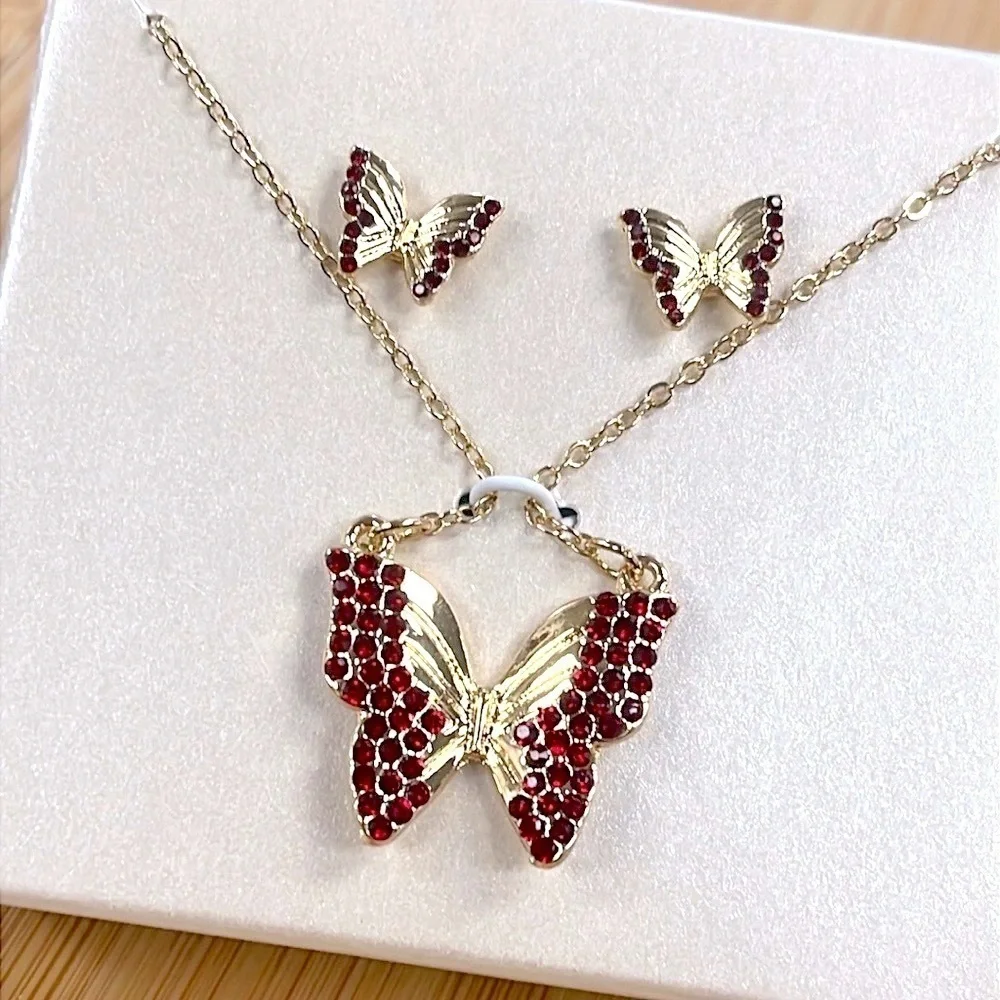 Brand New Butterfly Necklace & Post Earring Set Gold Tone Red Crystal Rhinestone